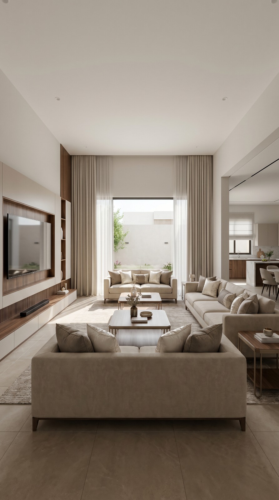Tall living room layout with balanced seating